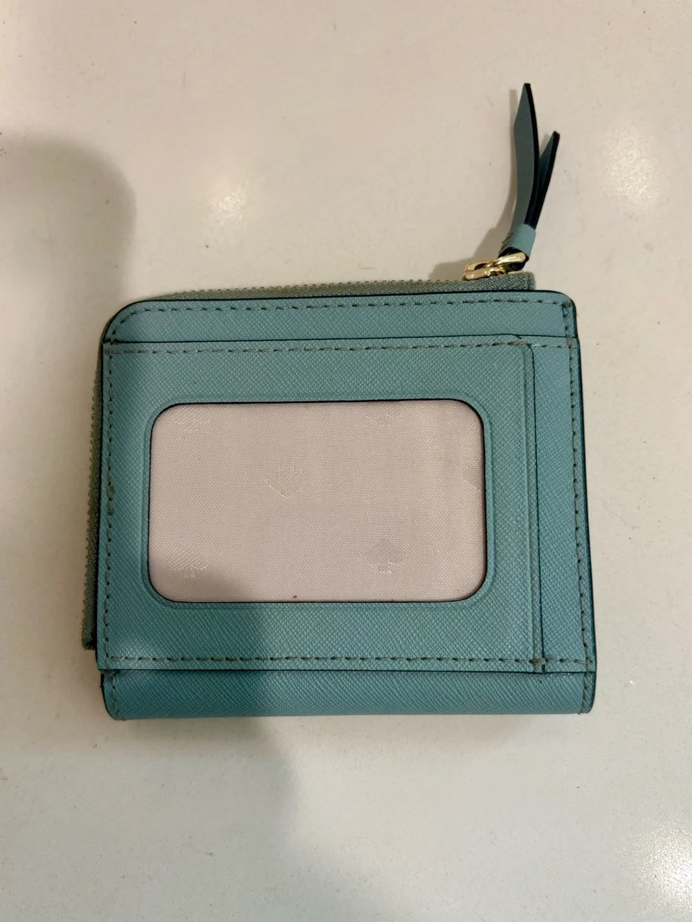 Kate Spade Margaux Small Bifold Wallet Light Blue Cross grain Leather Zip Coin